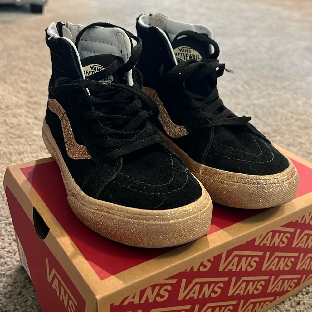 Hi-Top Sk8- Hi Zip Party Glitter Vans in Black & Gold glitter